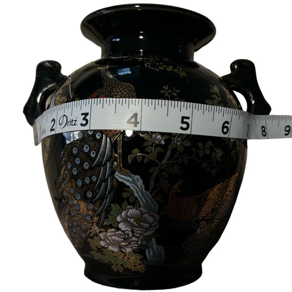 Japanese Vintage Black Gold Trimmed Peacock Vase BEAUTIFUL - Picture 10 of 11